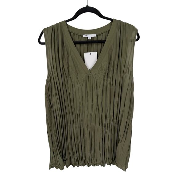 DR2 by Daniel Rainn top crinkle pleated v neck blouse green size Large L - Picture 1 of 6